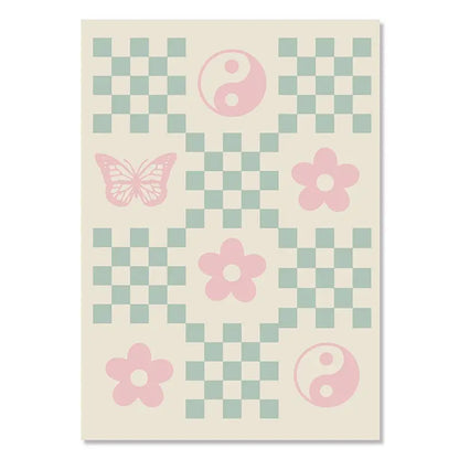 Colorful Danish Pastel Canvas Painting Aesthetic Poster Cherry Plaid Smiley Flower Butterfly Print Wall Art Nursery Home Decor