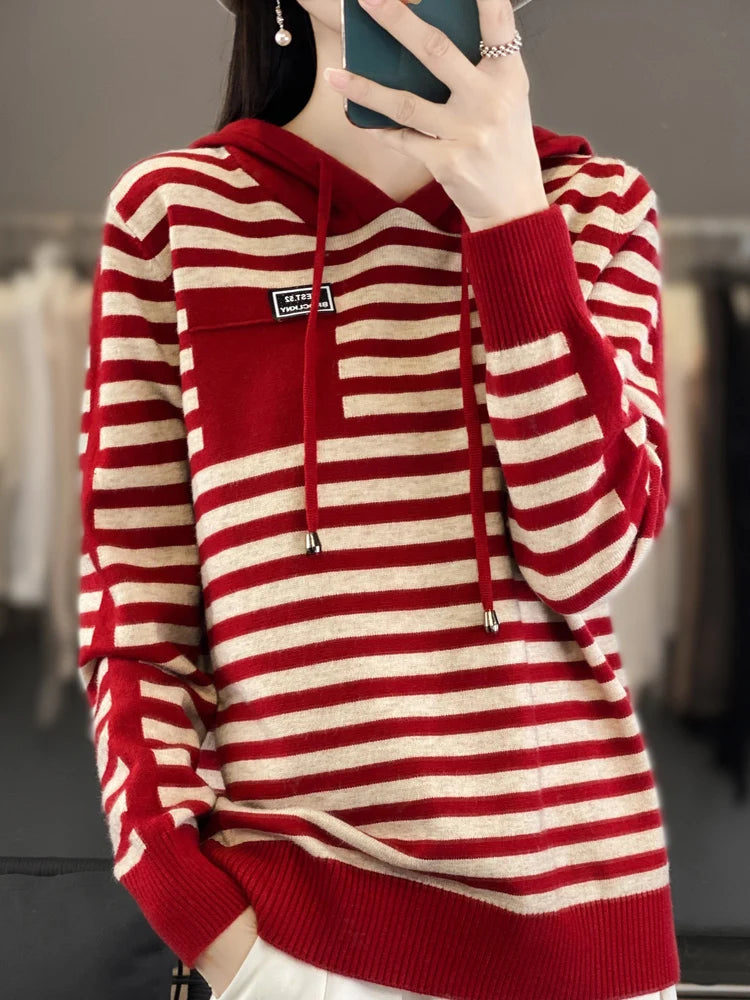 Winter Pure Wool Fashion Soft Sweater Autumn Female New Women Hooded Collar Strip Pullover Cashmere Loose Casual Knit Base Top