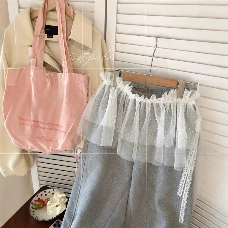 Women High Waist A-Line Flounce Short Skirt Butt Curtain Y2K Streetwear Layered Half Skirt Lace Trim Bottom Cover Skirt Fake Hem