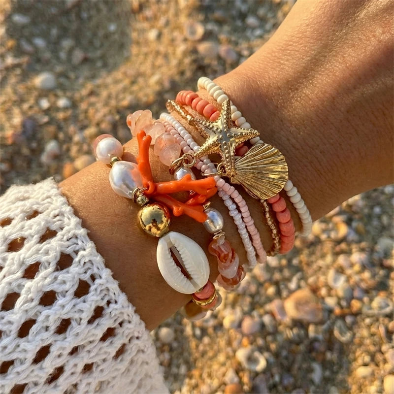 Cute Coral Starfish Shell Multi-Layer Bracelet for Women Ocean Series Fashion Stackable Beaded Jewelry Accessories