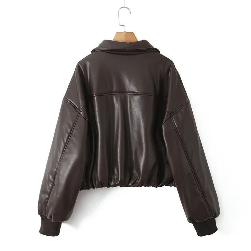 YENKYE Women Black Coffee Faux Leather Jacket Coat Long Sleeve Zipper Motorcycle Outerwear Female Autumn Winter Warm Coat Short