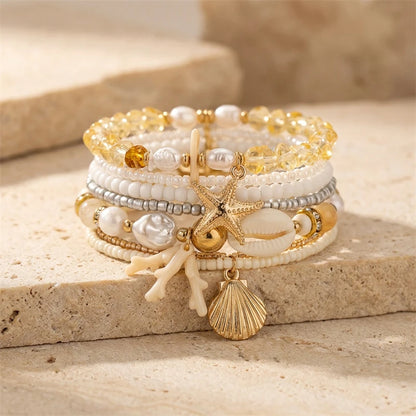 Cute Coral Starfish Shell Multi-Layer Bracelet for Women Ocean Series Fashion Stackable Beaded Jewelry Accessories