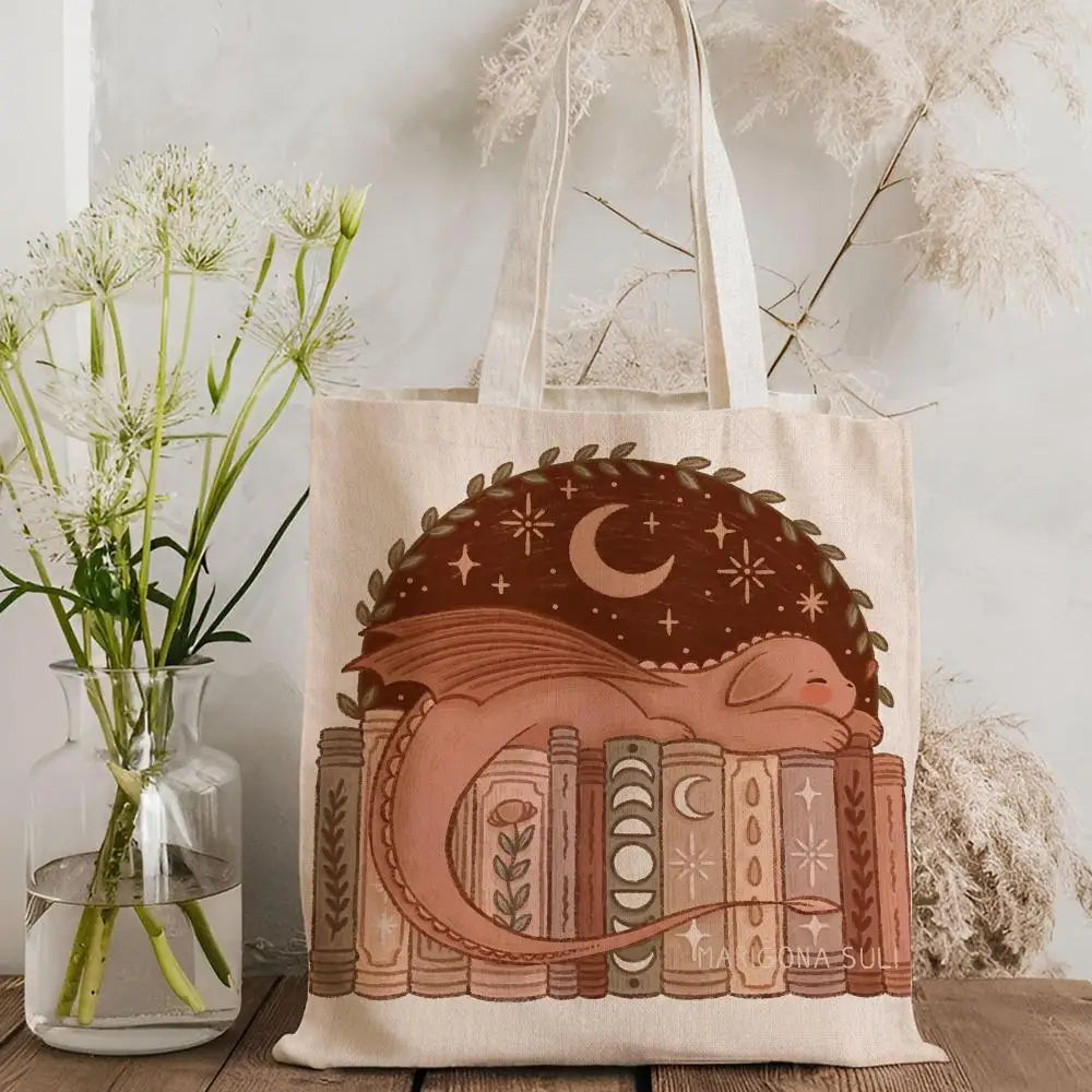 Dragon Sleeping Storage Bags Lightweight Canvas Tote Bag Large Capacity Shoulder Shopper Fashion Eco Multi-Purpose Handbag