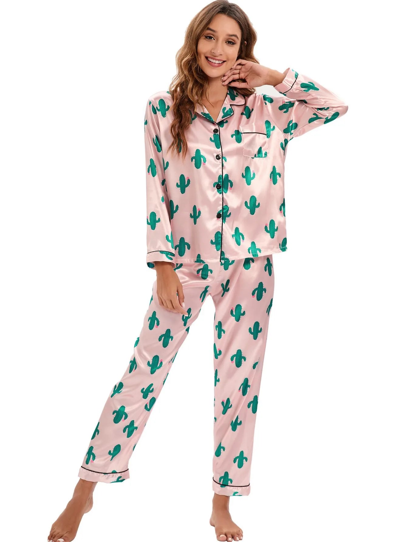 Home Lapel Cardigan Long Sleeve Casual Comfortable Breathable Cute Cartoon Green Pink Striped Cactus Summer Women's Sleepwear
