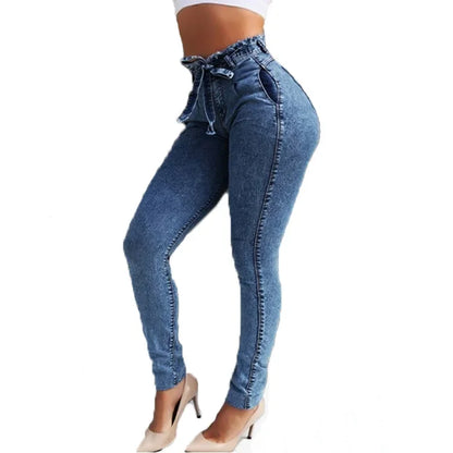 Women's Clothing Jeans Slim Stretch Tassel Belt High Waist Jeans Denim Pants Skinny Ankle Length Bleached