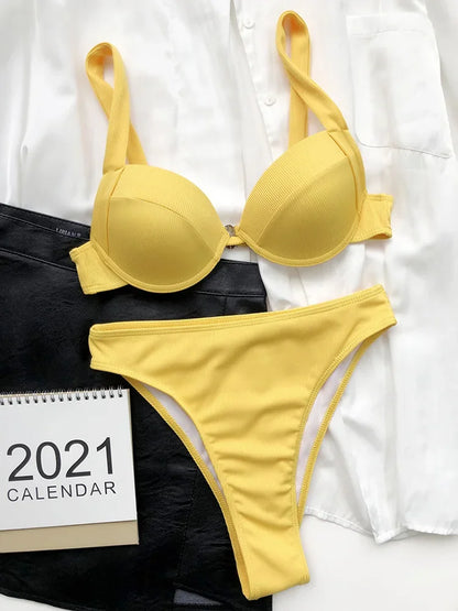 Sexy Ribbed Bra Cup High Waist Bikini Women Swimsuit Female Swimwear Two Pieces Bikini set Push Up Bather Bathing Suit Swim Lady