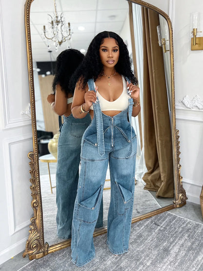 CM.YAYA Women Safari Style Ripped Out Multi Pocke Wide Leg Overalls Denim Pants 2024 Summer Street Fashion Cargo Jeans Trousers