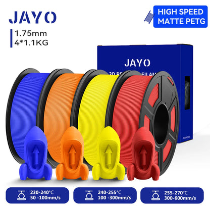 JAYO 4Rolls 3D High Speed Matte PETG 3D Filament 1.75mm 30mm/s - 600mm/s Print Range High Flow Speedy PETG 3D Printer Filament