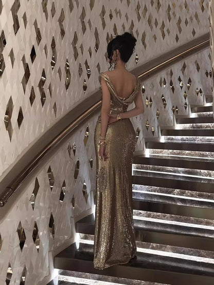 REDDACHiC Elegant Cowl Neck Women Glitter Dress Gold Sequin Maxi Long Backless Split Mermaid Bodycon Cocktail Party Evening Gown