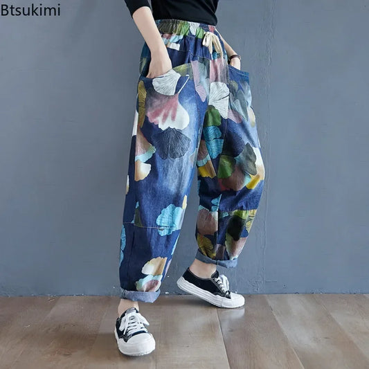 2026 Vintage Printing Harem Jeans Women's High Waist Drawstring Casual Denim Pants Korean Style Loose Oversized Pantalones Femme