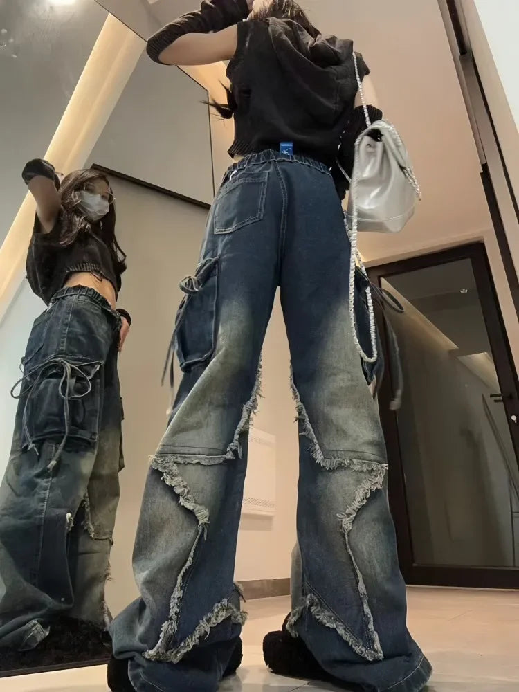 HOUZHOU Vintage Y2k Women Black Baggy Cargo Jeans with Star Gothic Harajuku 90s Aesthetic Denim Trousers Kpop 2000s Jean Pants