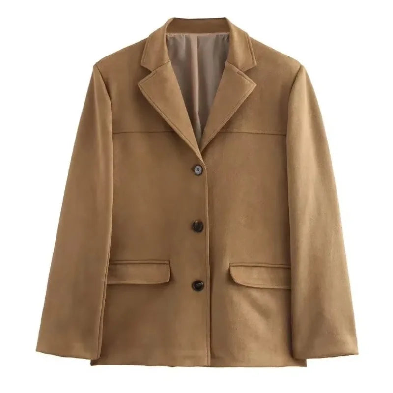 Talenza Vintage Women's Suede Leather Jacket Single Breasted Lapel Brown Blazer Loose Coats 2025 Autumn Office Lady Outerwears