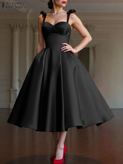ZANZEA Women Evening Dress Elegant Spaghetti Strap Mid-Calf Party Dress Summer 2025 Retro Square Collar Sleeveless Vestidos Robe