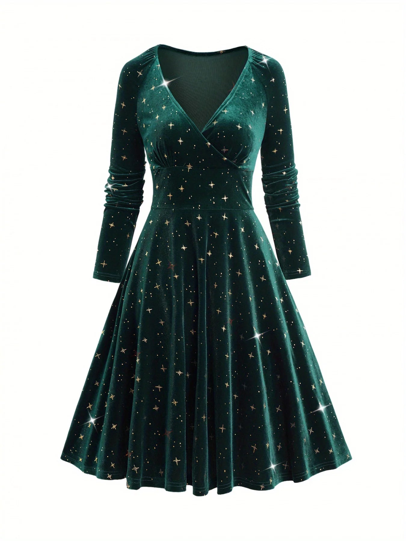 European and American fashion women's dress decorated with star print wrapped in elastic shoulder velvet long sleeve dress