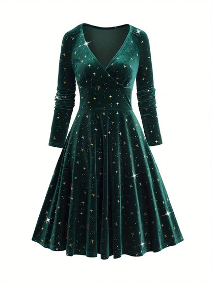 European and American fashion women's dress decorated with star print wrapped in elastic shoulder velvet long sleeve dress