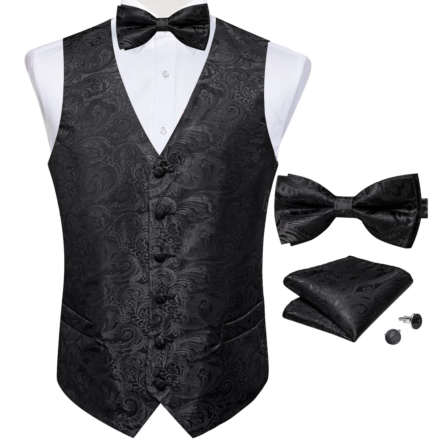 Men's Suit Vest Black Paisley Solid Red Grey Wedding Prom Luxury Waistcoat with Bow Tie Handkerchief Cufflinks Men Clothing