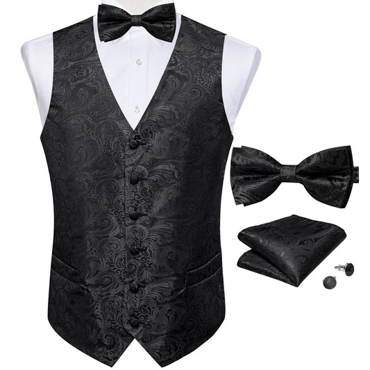 Men's Suit Vest Black Paisley Solid Red Grey Wedding Prom Luxury Waistcoat with Bow Tie Handkerchief Cufflinks Men Clothing