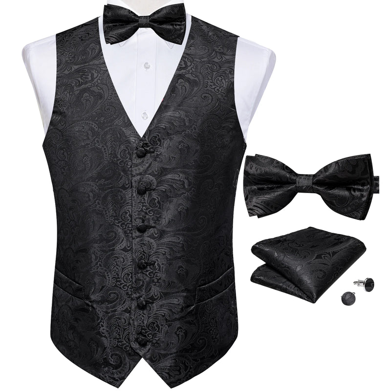 Men's Suit Vest Black Paisley Solid Red Grey Wedding Prom Luxury Waistcoat with Bow Tie Handkerchief Cufflinks Men Clothing