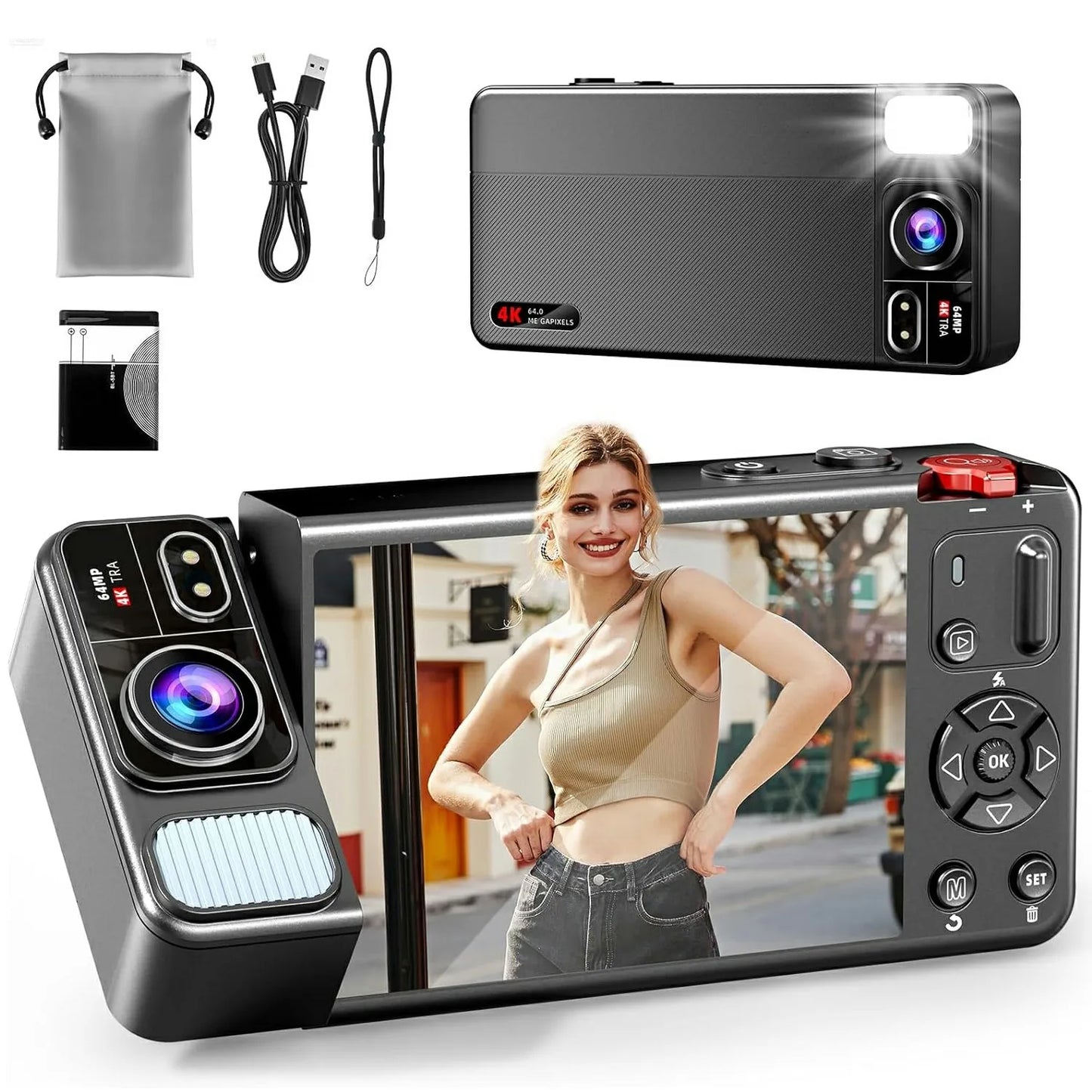 Digital Camera 4K 64MP Camera for Photography 270°Flip Screen Vlogging Camera Autofocus 18X Zoom Point and Shoot Digital Camera