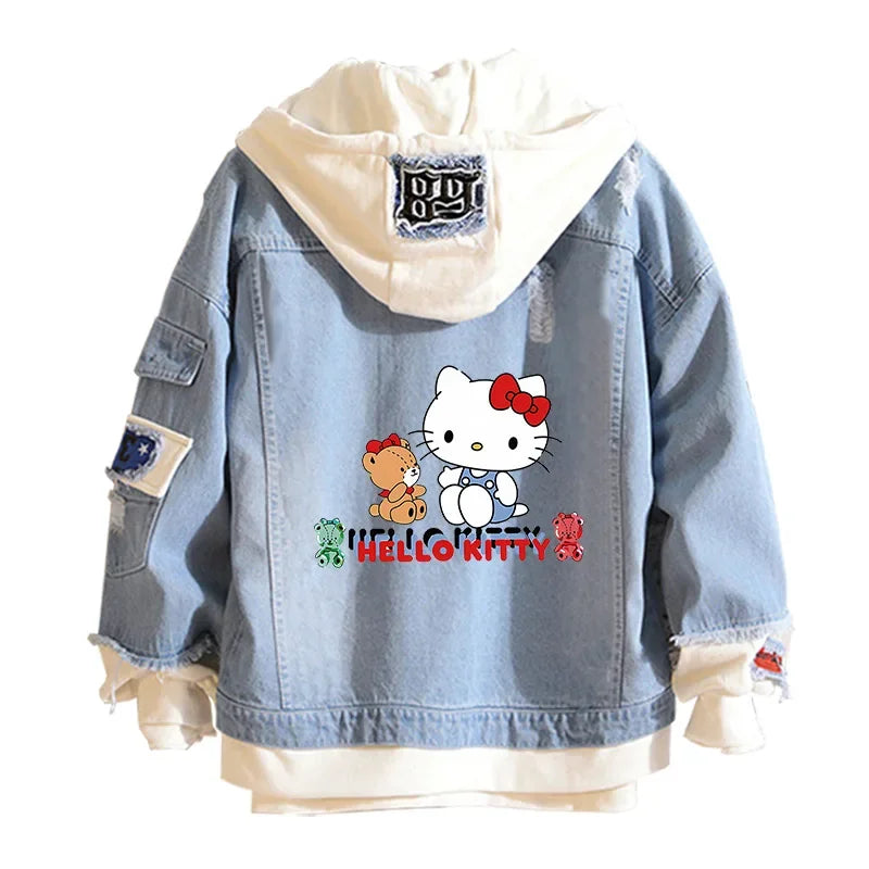 Anime Sanrio Denim Bomber Jacket Hello Kitty Hooded Jeans Sweatshirt Unisex Ripped Hole Cosplay Hoodie Long-Sleeved Denim Jacket