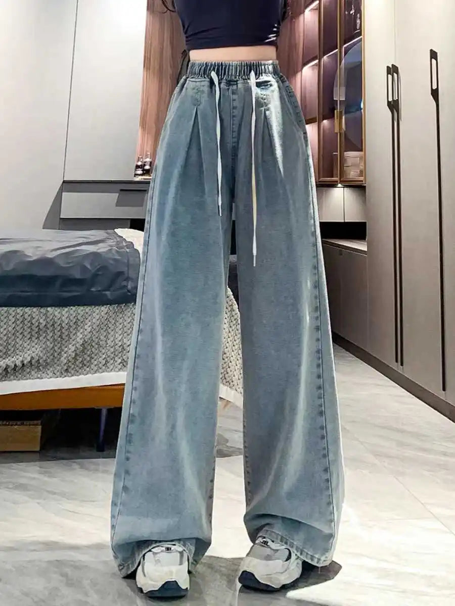 High Waist Straight Leg Dstring Elastic Waist Denim Jeans Women's Spring Autumn Slimming Drapey Lazy Sle Floor Length Pants