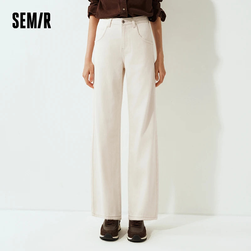 Semir Jeans Women Frayed Trousers 2024 Winter New Loose Straight Leg Pants Denim Trousers