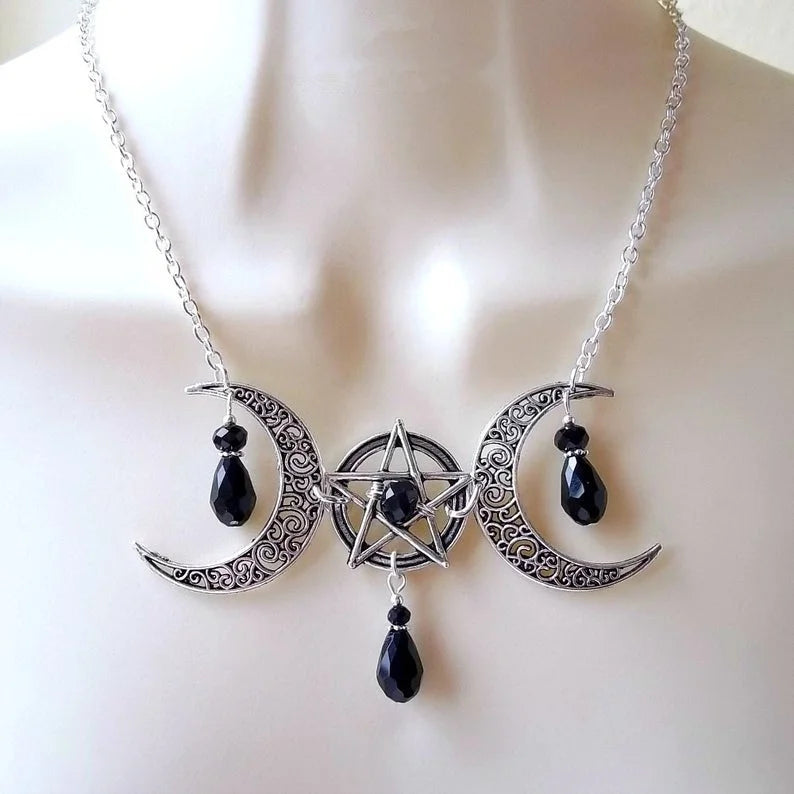 Wiccan Moon Necklace, Gothic Necklace, Pentagram & Moon Necklace, Pagan Necklace, Pentacle Necklace, Witch, Wicca, Black, Red,