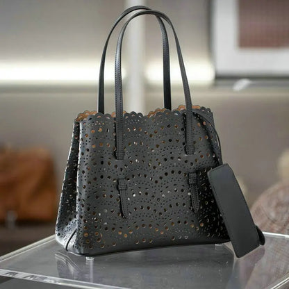 Brand Designer Luxury High Quality Mini Cowhide Shoulder Handbags 2025 Hollow Fashion Large Capacity Genuine Leather Bucket Bag
