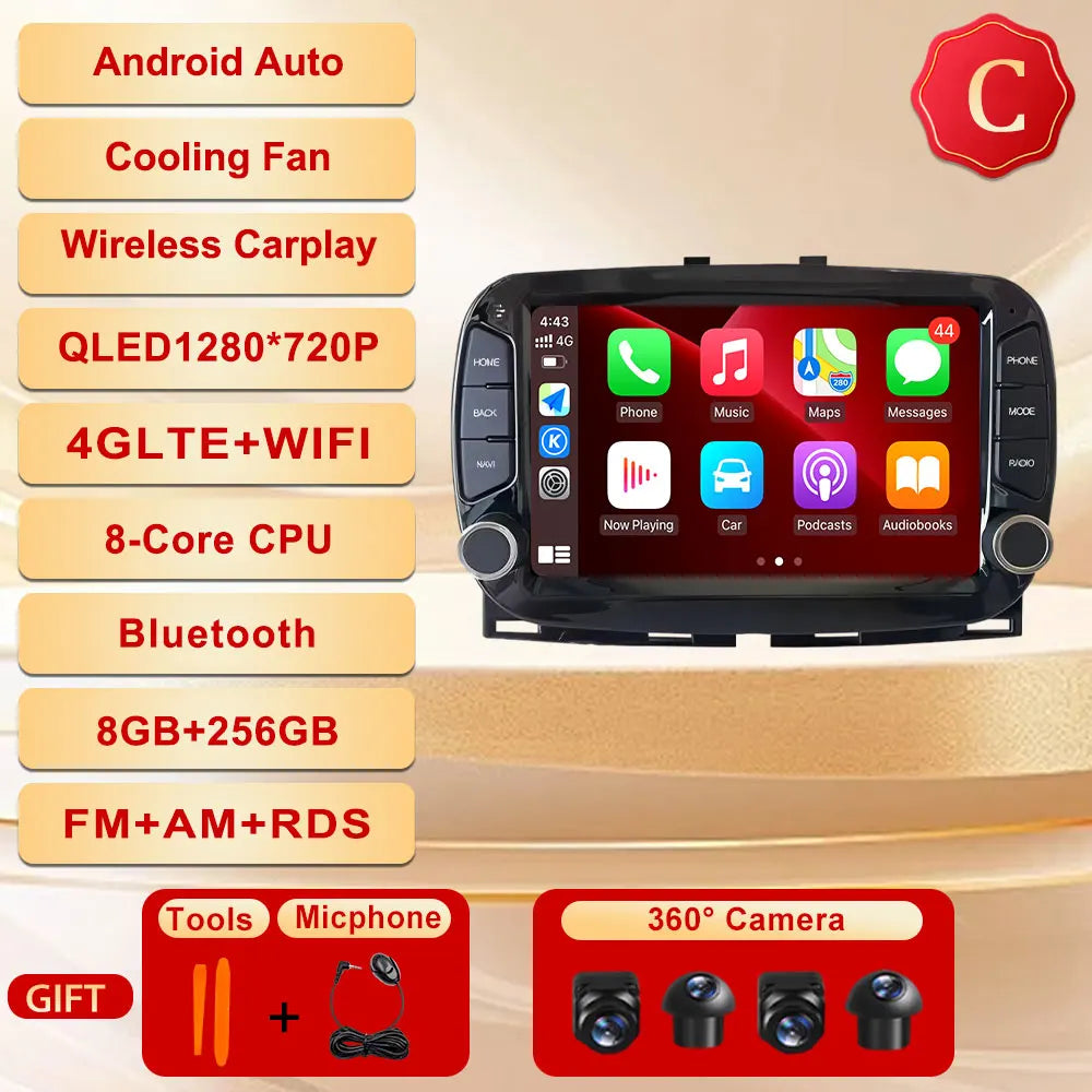 GPS Navigation Android 15 Auto Carplay 7" For FIAT 500 2016 - 2019 Stereo Multimedia Player 4G WIFI Bluetooth DSP 360 Camera