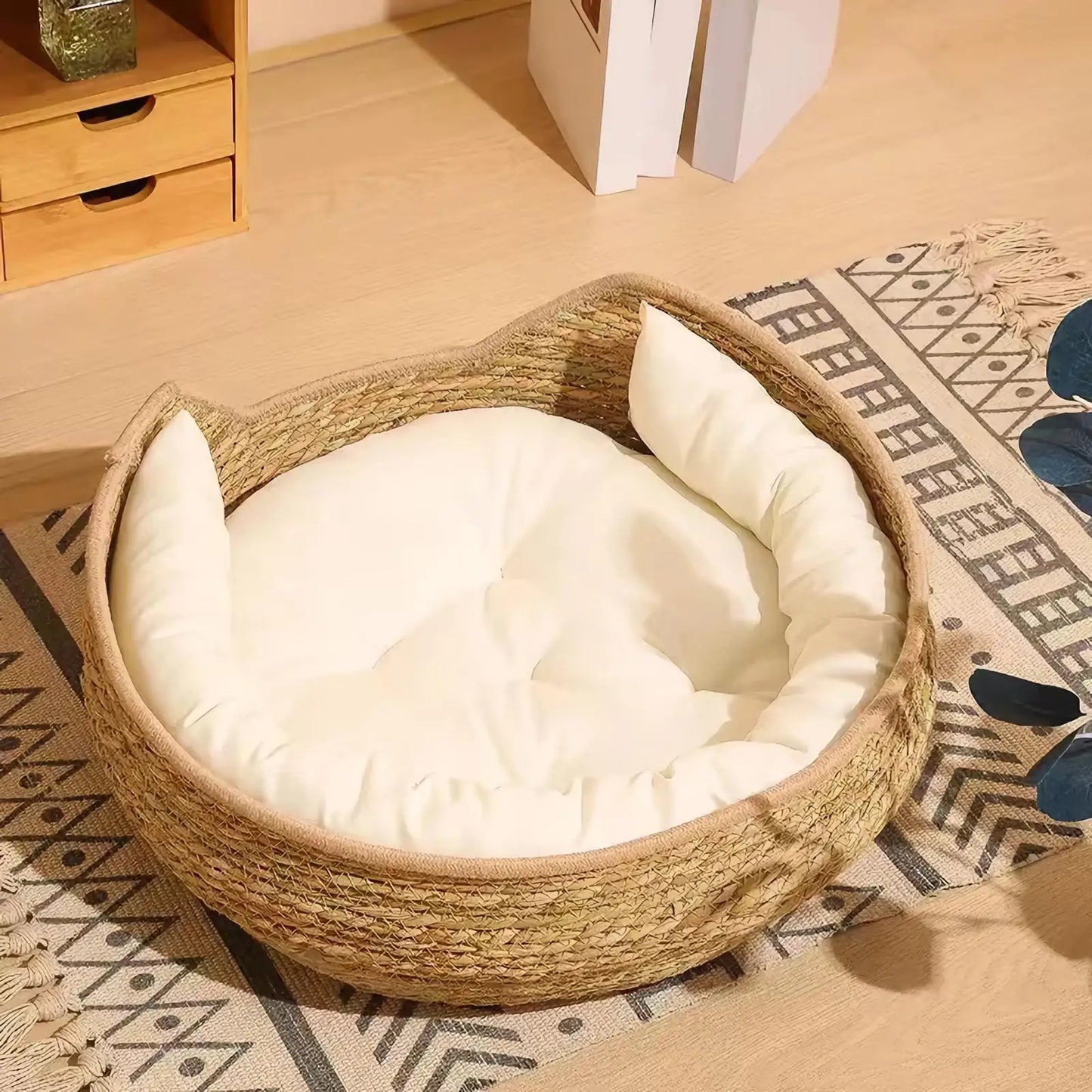 Cat Bed Cat Woven Nest Bed with Soft Cushion and Pillow All Season Weaving Pet Sleeping Resting Scratching Furniture for Puppy