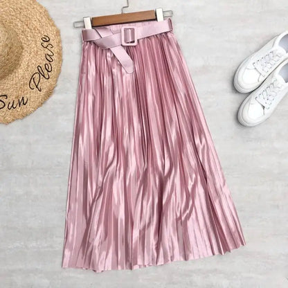 Seoulish 2025 New Solid Elegant Stain Women's Pleated Skirts with Belted High Waist Skirts Mi-long Umbrella Skirt Spring Summer