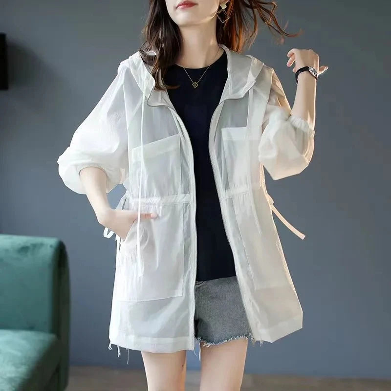 Summer Sunscreen For Women 2025 New Drawstring Waist Mid-length Thin Windbreaker UV Protection Cardigan Lightweight Trench Coat