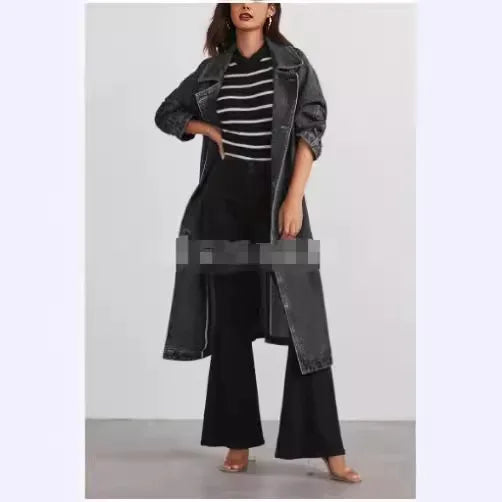 Denim Windbreaker for Women 2025 Washed Long Jackets Pockets Lace Up Lapel Double Breasted Trench Coat Casual Female Outerwear