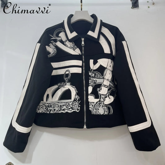 2025 Autumn American Retro Fashion Embroidery Patchwork Motorcycle Jackets Long Sleeve Zipper Loose Versatile Short Jacket Women