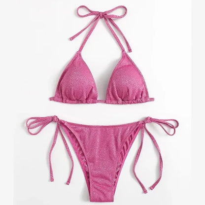 2025Sexy Bikini Set Shiny Triangle Bikinis Bandage Swimsuit Women Two Piece Swimwear Summer Biquini New Beachwear Push Up Bikini