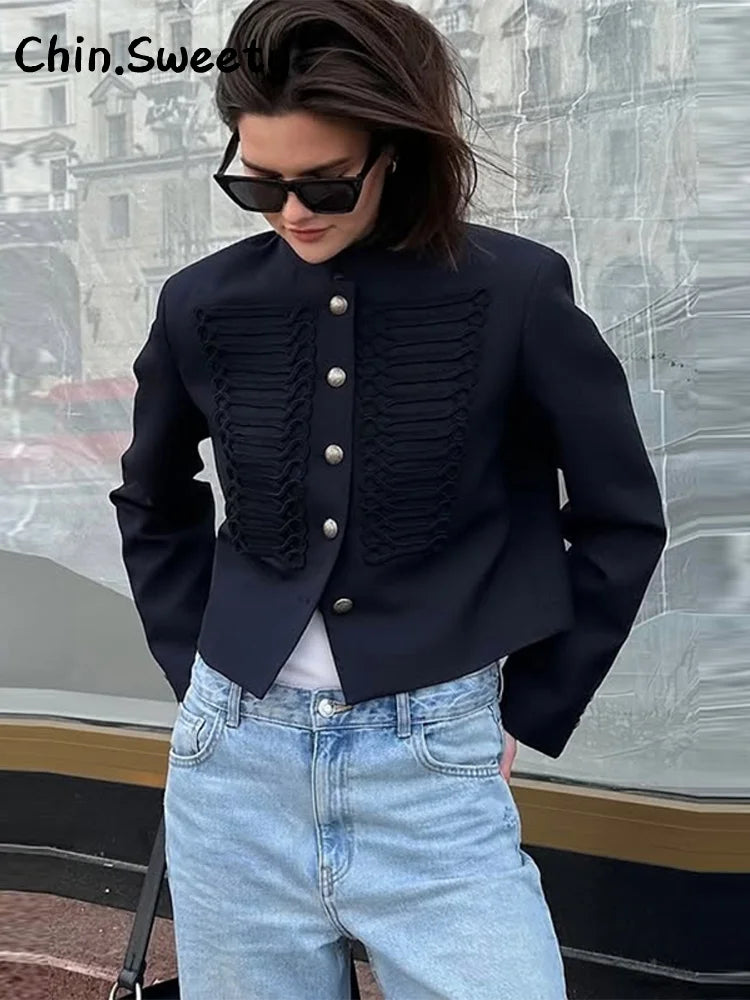 Vintage Cropped Napoleon Jacket Women Solid O-neck Long Sleeve Single Breasted Jackets Female 2026 Spring Lady Chic Outwear New