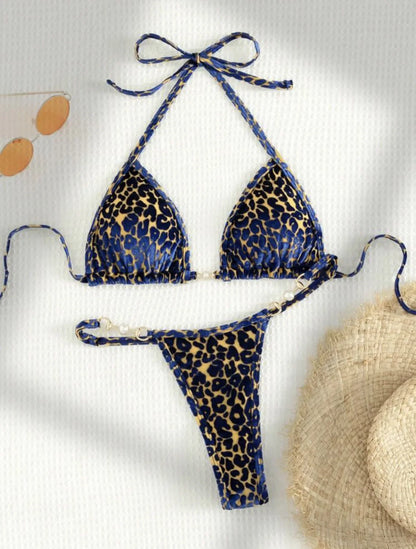 Sexy Leopard Velvet Bikini Mini Micro Thong Bikinis Women Swimwear Female Swimsuit Two-piece Bikini Set Halter Bathing Suit Swim