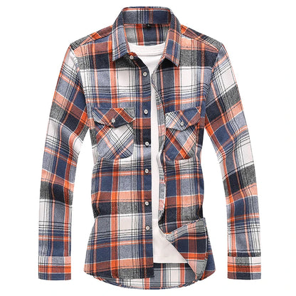 2026 New Men's Long Sleeved Plaid Shirt, with Two Chest Pockets Single Breasted Lapel Cotton Shirts Big Size Male Top Chemise