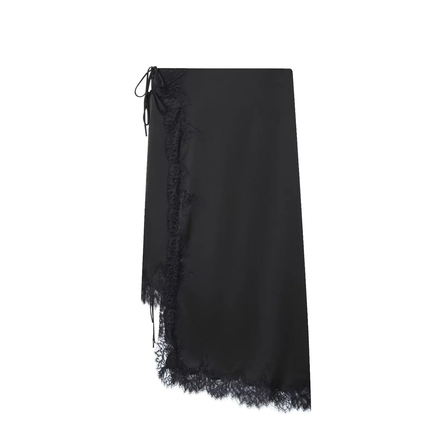 BSAY Lace Satin Asymmetry Skirt Women Fashion Autumn Winter side zip black Chic Female High Waist Elegant Long Midi Skirts Mujer