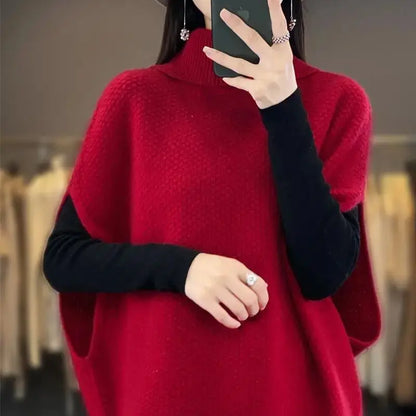 Women Batwing Sleeve Sweaters Knitting Vest Casual High Collar Elegant Solid Sweaters Loose-fit Sleeveless Waistcoat Pullover