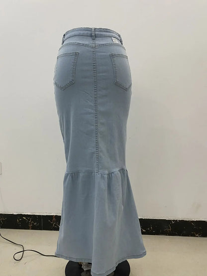 Fishtail Denim Long Skirt Women Full Length Mermaid Trumpet Ruffle Breasted Sexy High Waist Stretchy Skirts 2024 Streetwear