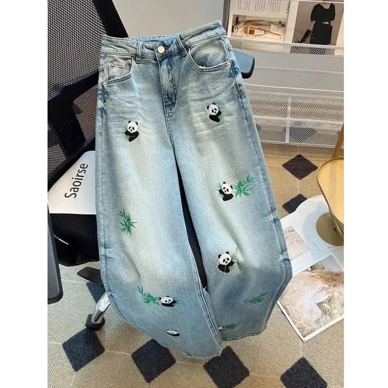 Embroidered Panda Straight Jeans Female Summer High Waist Design Sense Casual Fashion Temperament Slim Wide-leg Pants