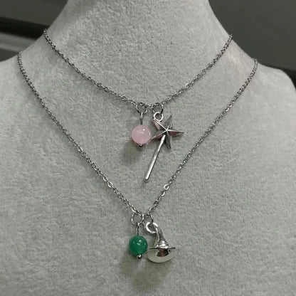 Wicked Necklace Glinda Rose Quartz Wand Necklace Elphaba Aventurine Hat Necklace Natural Gemstone Crystal Charm Necklace