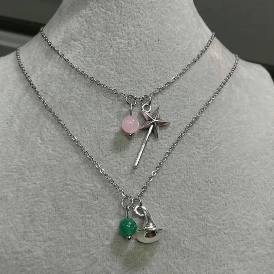 Wicked Necklace Glinda Rose Quartz Wand Necklace Elphaba Aventurine Hat Necklace Natural Gemstone Crystal Charm Necklace