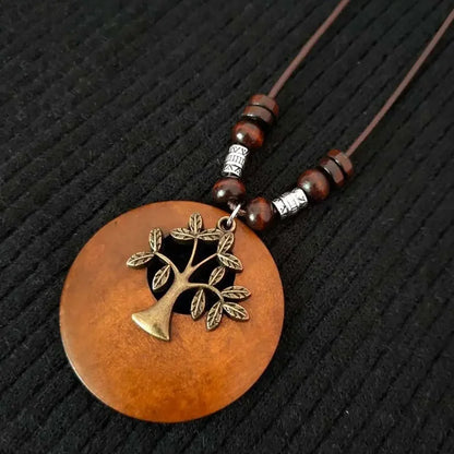 Retro Ethnic Round Wooden Leaf Owl Long Sweater Chain Necklace Women Vintage Clock Pendant Female Jewelry Neck Accessories Gifts