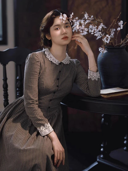 86-98cmBust SpringFall Long Dresses Women French Miss Austin Vintage Elegant Slim Exquisite Lace Collar 100%Cotton Striped Dress