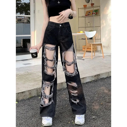 New Broken Hole Jeans All-Match Distressed Women High Street Hip Hop High Waist Straight Loose Trousers Y2k Washed Mopping Pants