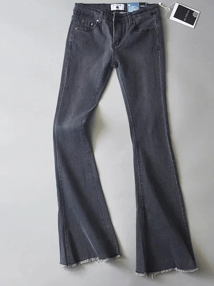 TARUXY Retro Low Waist Blue Jeans For Women 2025 Bodycon Flared Pants Ladies Basic Slim Fit Summer Street Casual Jeans Woman