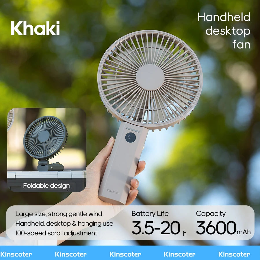 Portable Folding Handheld Fan 3600mAh Desktop Rechargeable Household Fan with LED Digital 100-speed Wind Angle Adjustable