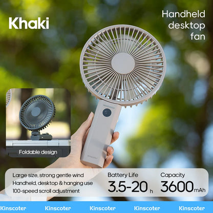 Portable Folding Handheld Fan 3600mAh Desktop Rechargeable Household Fan with LED Digital 100-speed Wind Angle Adjustable